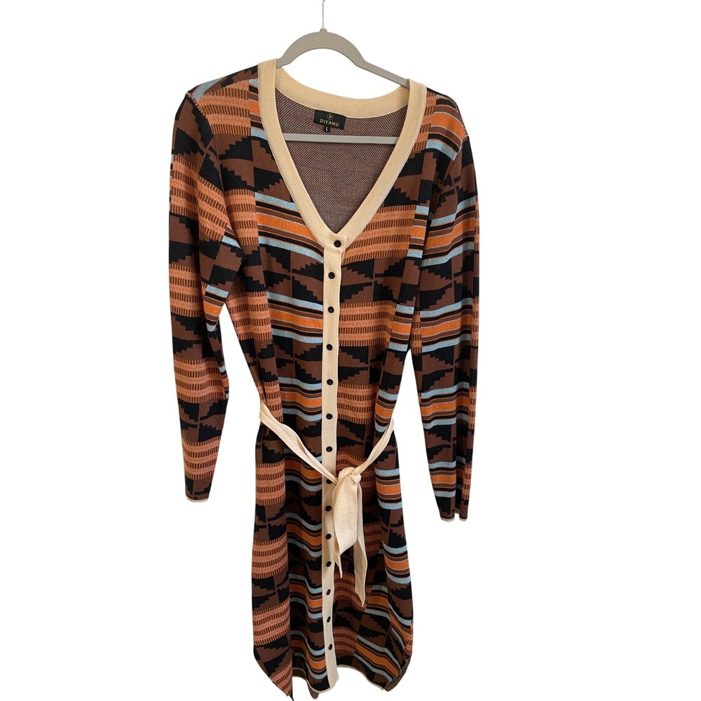 DIYANU‎ Knit Aztec Print Button Front Midi Dress Belted Long Sleeve Womens Large